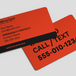 Walrus Card wallet recovery card front and back shown with orange wallet.